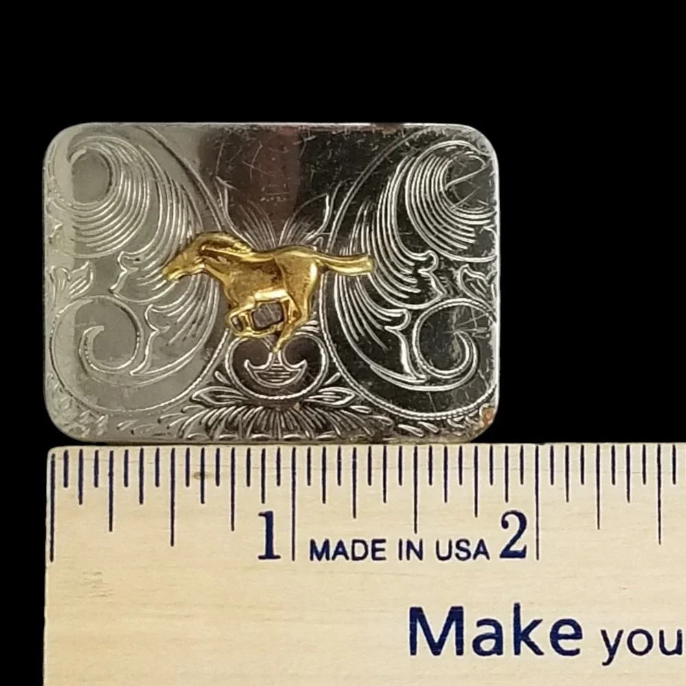 Vintage Nickel Silver Western Belt Buckle Galloping Horse Floral Engraved Small‎